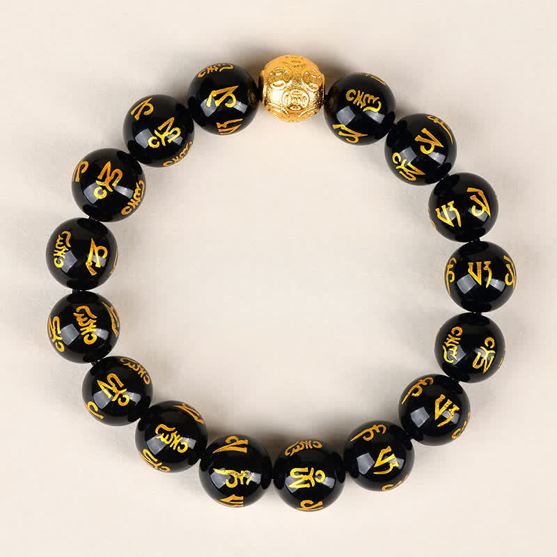 Buddha Stones Schwarzes Obsidian Om Mani Padme Hum Stärke-Armband - 12 mm - image 2