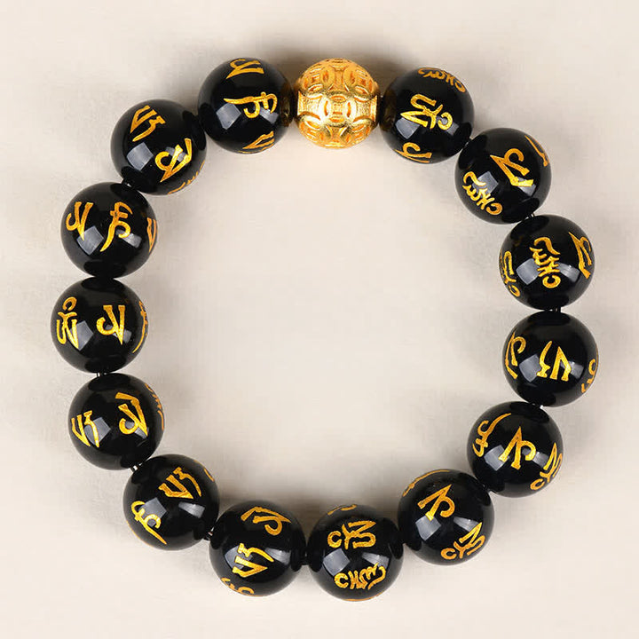 Buddha Stones Schwarzes Obsidian Om Mani Padme Hum Stärke-Armband - 14 mm - image 9