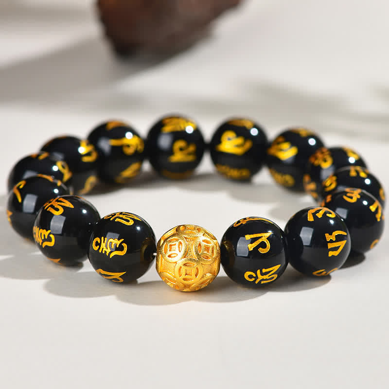 Buddha Stones Schwarzes Obsidian Om Mani Padme Hum Stärke-Armband - image 13
