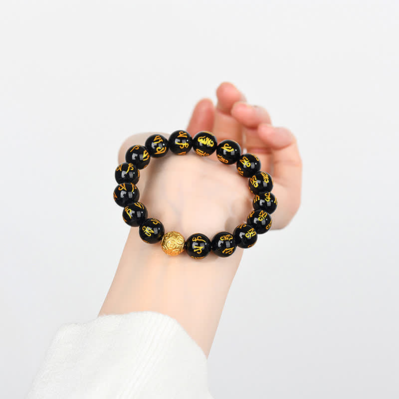 Buddha Stones Schwarzes Obsidian Om Mani Padme Hum Stärke-Armband - image 4