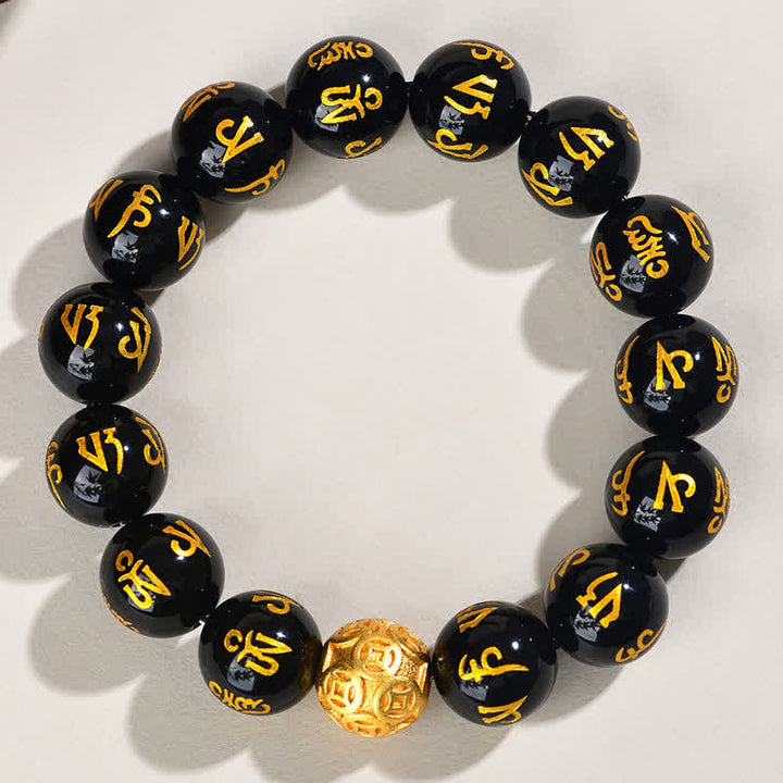 Buddha Stones Schwarzes Obsidian Om Mani Padme Hum Stärke-Armband - image 10