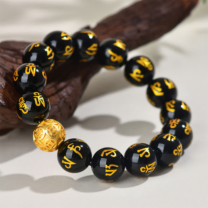 Buddha Stones Schwarzes Obsidian Om Mani Padme Hum Stärke-Armband - image 12