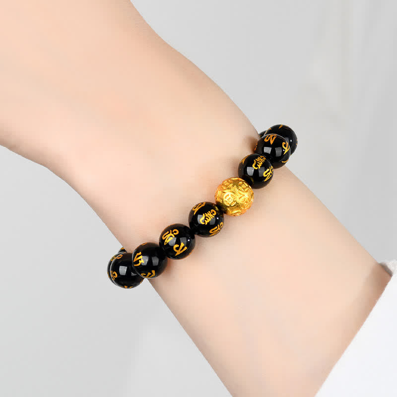 Buddha Stones Schwarzes Obsidian Om Mani Padme Hum Stärke-Armband - image 8