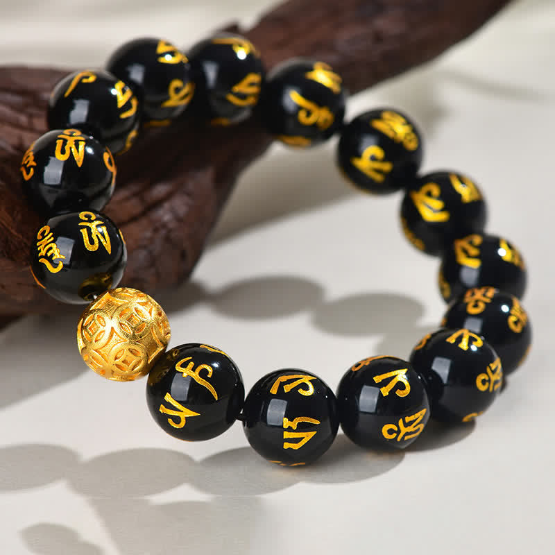 Buddha Stones Schwarzes Obsidian Om Mani Padme Hum Stärke-Armband - image 3