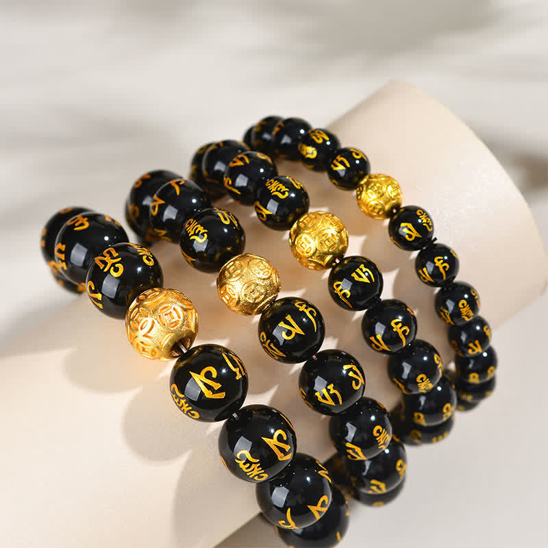 Buddha Stones Schwarzes Obsidian Om Mani Padme Hum Stärke-Armband - image 14