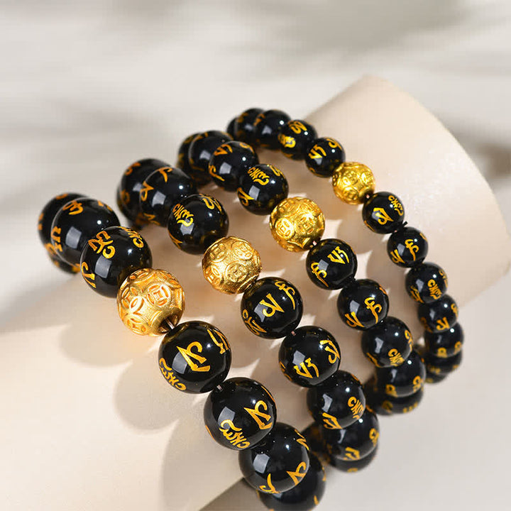 Buddha Stones Schwarzes Obsidian Om Mani Padme Hum Stärke-Armband - image 14
