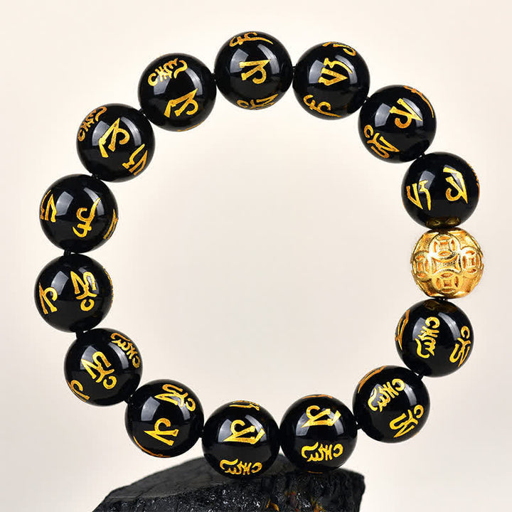 Buddha Stones Schwarzes Obsidian Om Mani Padme Hum Stärke-Armband - image 11