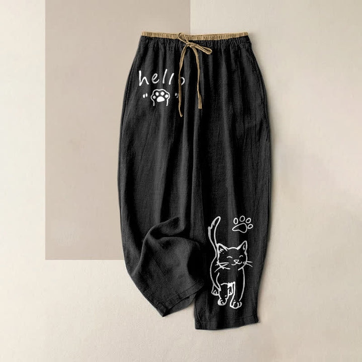 Buddha Stones Damenhose aus reiner Baumwolle mit Katzenpfotenmuster, elastischem Bund und Taschen - Schwarz - US16, UK/AU20, EU48 (3XL) - image 0