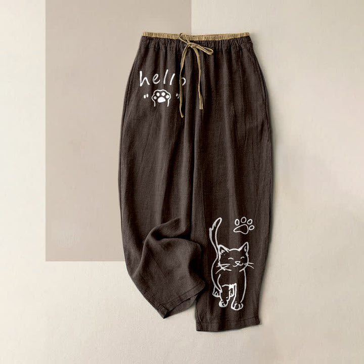 Buddha Stones Damenhose aus reiner Baumwolle mit Katzenpfotenmuster, elastischem Bund und Taschen - Sattelbraun - US16, UK/AU20, EU48 (3XL) - image 5