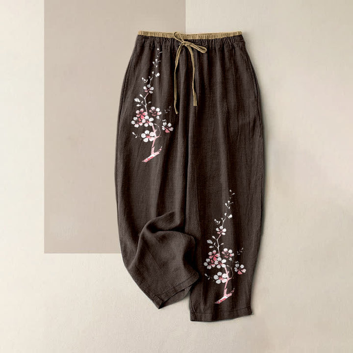 Buddha Stones Damenhose aus reiner Baumwolle mit orientalischem Blütenzweigmuster, elastischem Bund und Taschen - Sattelbraun - US16, UK/AU20, EU48 (3XL) - image 0