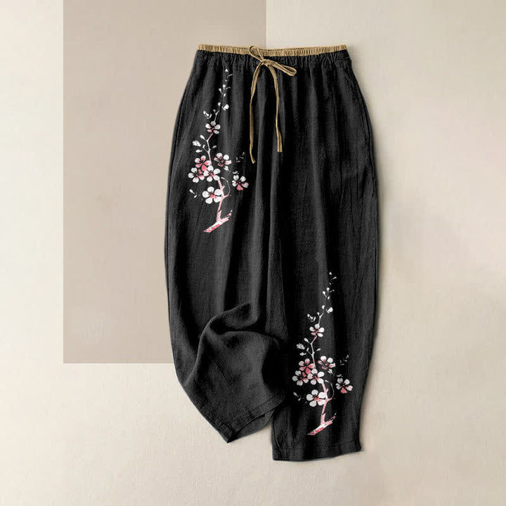 Buddha Stones Damenhose aus reiner Baumwolle mit orientalischem Blütenzweigmuster, elastischem Bund und Taschen - Schwarz - US16, UK/AU20, EU48 (3XL) - image 4
