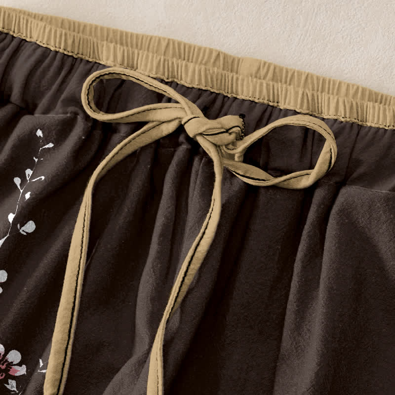 Buddha Stones Damenhose aus reiner Baumwolle mit orientalischem Blütenzweigmuster, elastischem Bund und Taschen - image 1