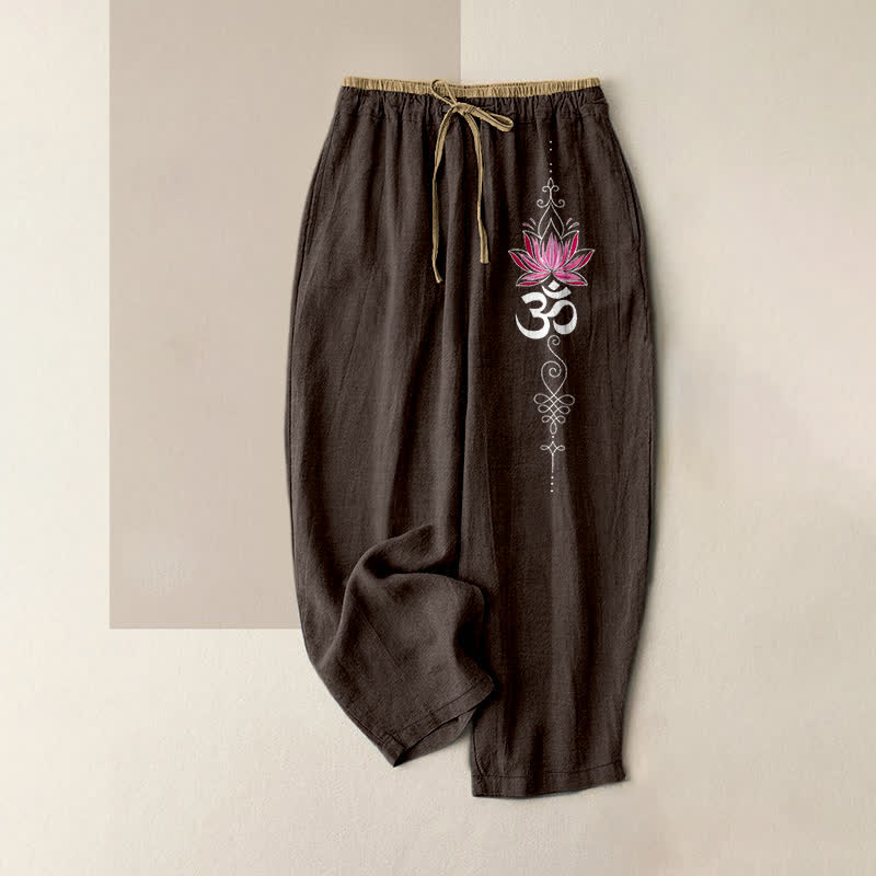 Buddha Stones Damenhose aus reiner Baumwolle mit Zen-Lotus-Om-Muster, elastischem Bund und Taschen - Sattelbraun - US16, UK/AU20, EU48 (3XL) - image 4