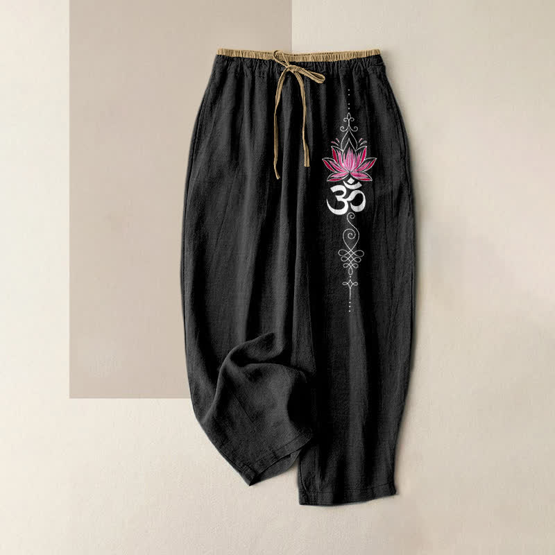 Buddha Stones Damenhose aus reiner Baumwolle mit Zen-Lotus-Om-Muster, elastischem Bund und Taschen - Schwarz - US16, UK/AU20, EU48 (3XL) - image 0