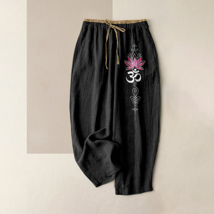 Buddha Stones Damenhose aus reiner Baumwolle mit Zen-Lotus-Om-Muster, elastischem Bund und Taschen - Schwarz - US16, UK/AU20, EU48 (3XL) - image 0