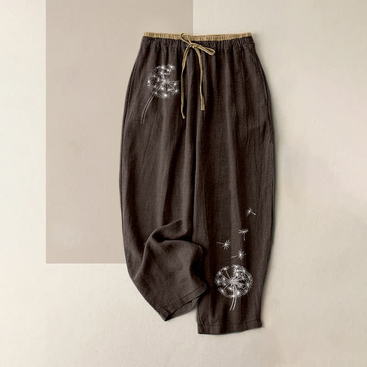 Buddha Stones Weiße Damenhose aus reiner Baumwolle mit Löwenzahnmuster, elastischem Bund und Taschen - Sattelbraun - US16, UK/AU20, EU48 (3XL) - image 5
