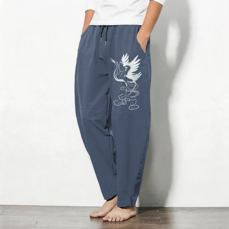 Buddha Stones Weiße Herrenhose aus reiner Baumwolle mit Kranichmuster, Kordelzug, schmal zulaufendem Schnitt und Taschen - image 1