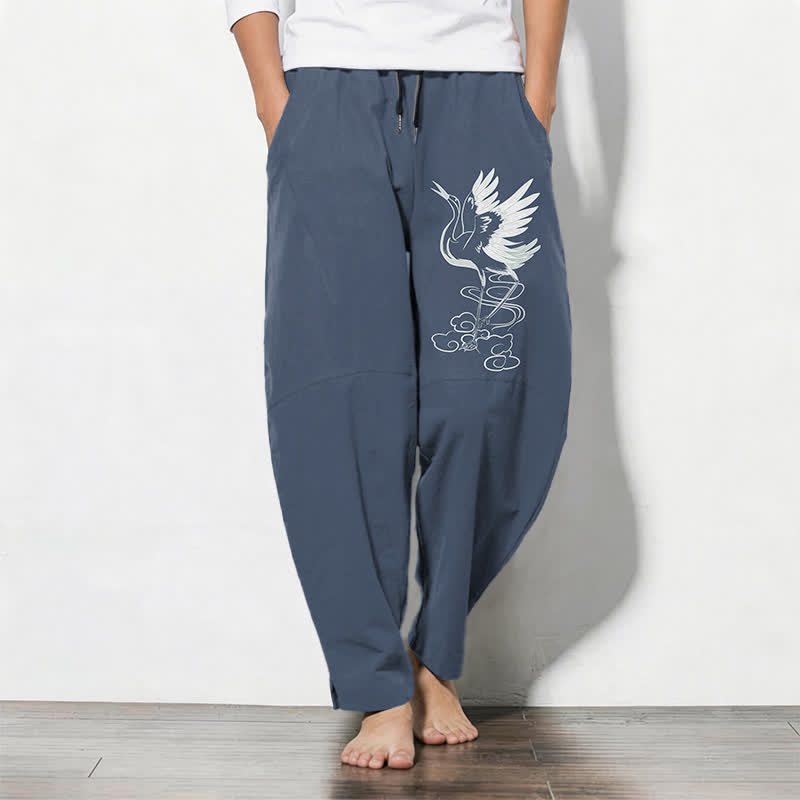 Buddha Stones Weiße Herrenhose aus reiner Baumwolle mit Kranichmuster, Kordelzug, schmal zulaufendem Schnitt und Taschen - SteelBlue - US/ UK/AU50, EU60 (5XL) - image 0