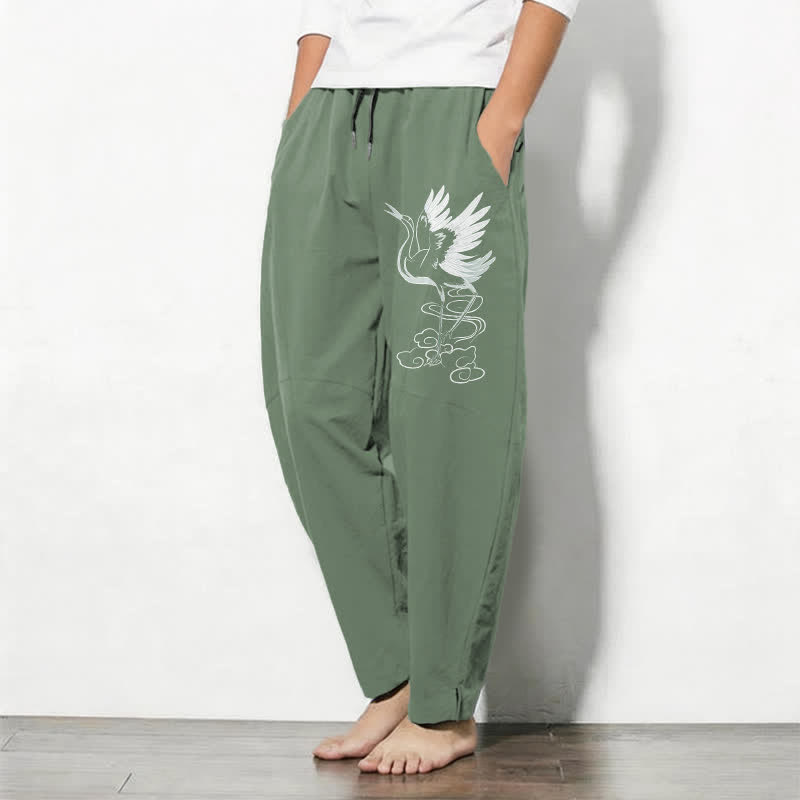 Buddha Stones Weiße Herrenhose aus reiner Baumwolle mit Kranichmuster, Kordelzug, schmal zulaufendem Schnitt und Taschen - image 8