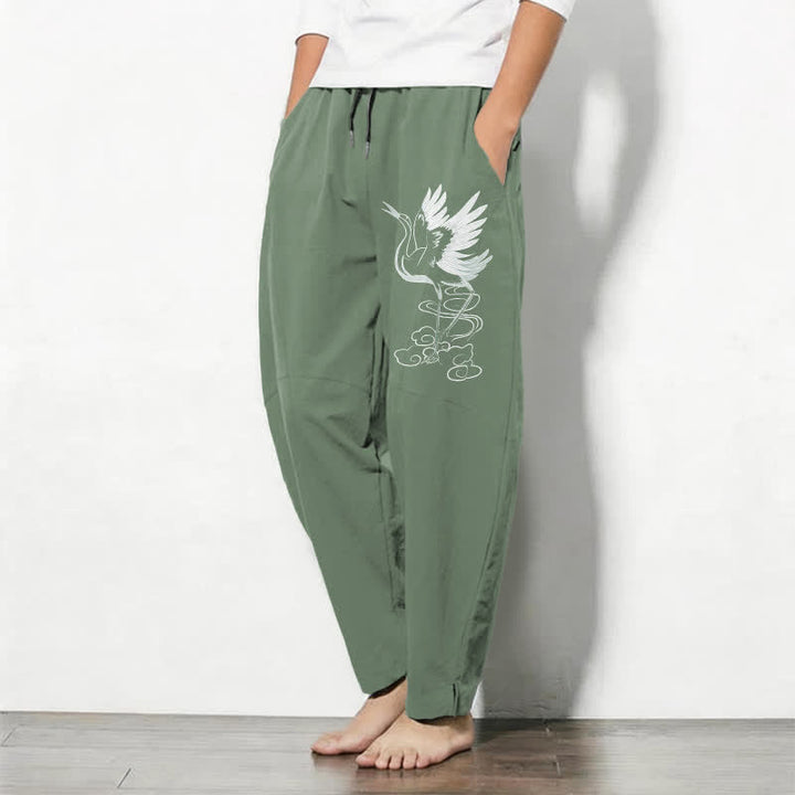 Buddha Stones Weiße Herrenhose aus reiner Baumwolle mit Kranichmuster, Kordelzug, schmal zulaufendem Schnitt und Taschen - image 8