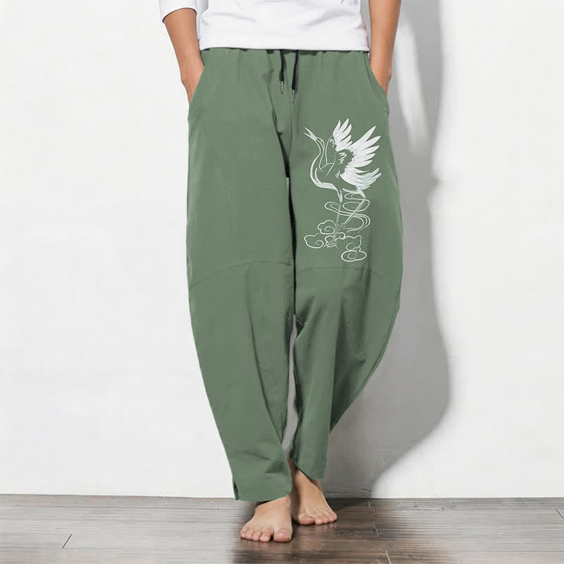Buddha Stones Weiße Herrenhose aus reiner Baumwolle mit Kranichmuster, Kordelzug, schmal zulaufendem Schnitt und Taschen - Dunkelmeergrün - US/ UK/AU50, EU60 (5XL) - image 7