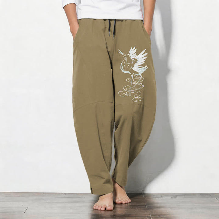 Buddha Stones Weiße Herrenhose aus reiner Baumwolle mit Kranichmuster, Kordelzug, schmal zulaufendem Schnitt und Taschen - Dunkelkhaki - US/ UK/AU50, EU60 (5XL) - image 14