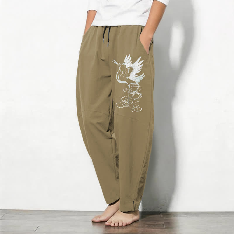 Buddha Stones Weiße Herrenhose aus reiner Baumwolle mit Kranichmuster, Kordelzug, schmal zulaufendem Schnitt und Taschen - image 15