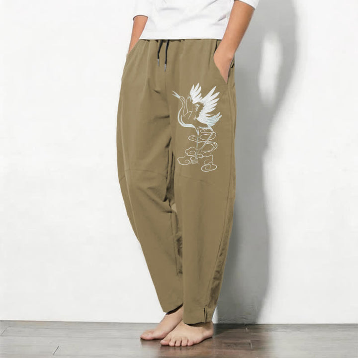 Buddha Stones Weiße Herrenhose aus reiner Baumwolle mit Kranichmuster, Kordelzug, schmal zulaufendem Schnitt und Taschen - image 15