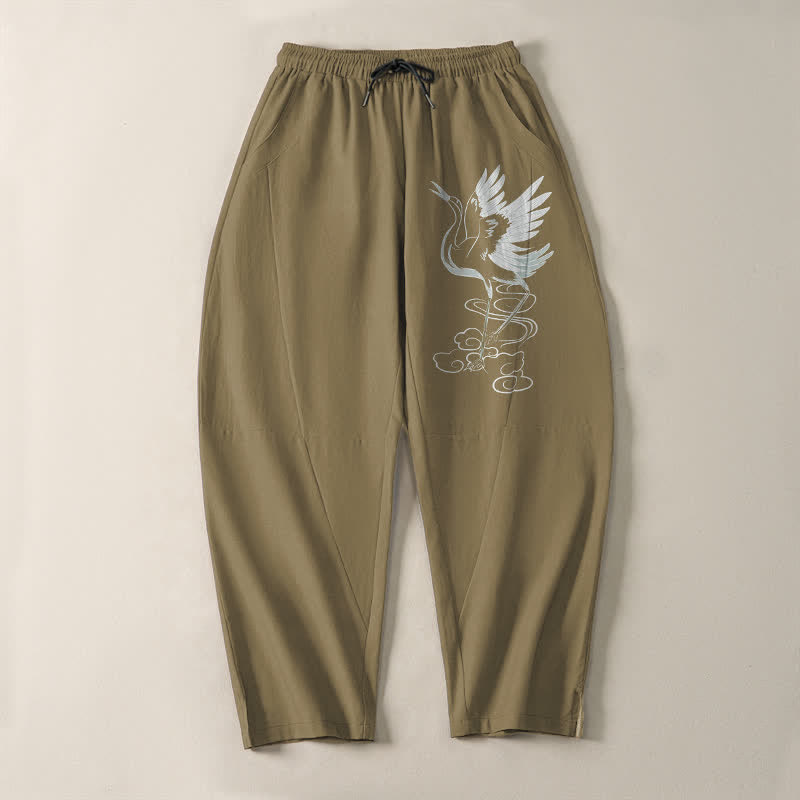 Buddha Stones Weiße Herrenhose aus reiner Baumwolle mit Kranichmuster, Kordelzug, schmal zulaufendem Schnitt und Taschen - image 16