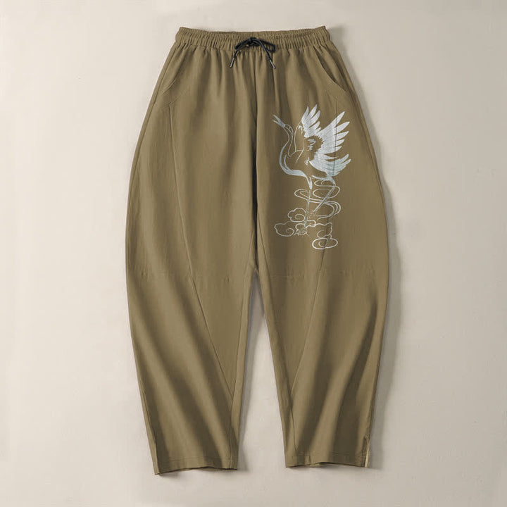 Buddha Stones Weiße Herrenhose aus reiner Baumwolle mit Kranichmuster, Kordelzug, schmal zulaufendem Schnitt und Taschen - image 16