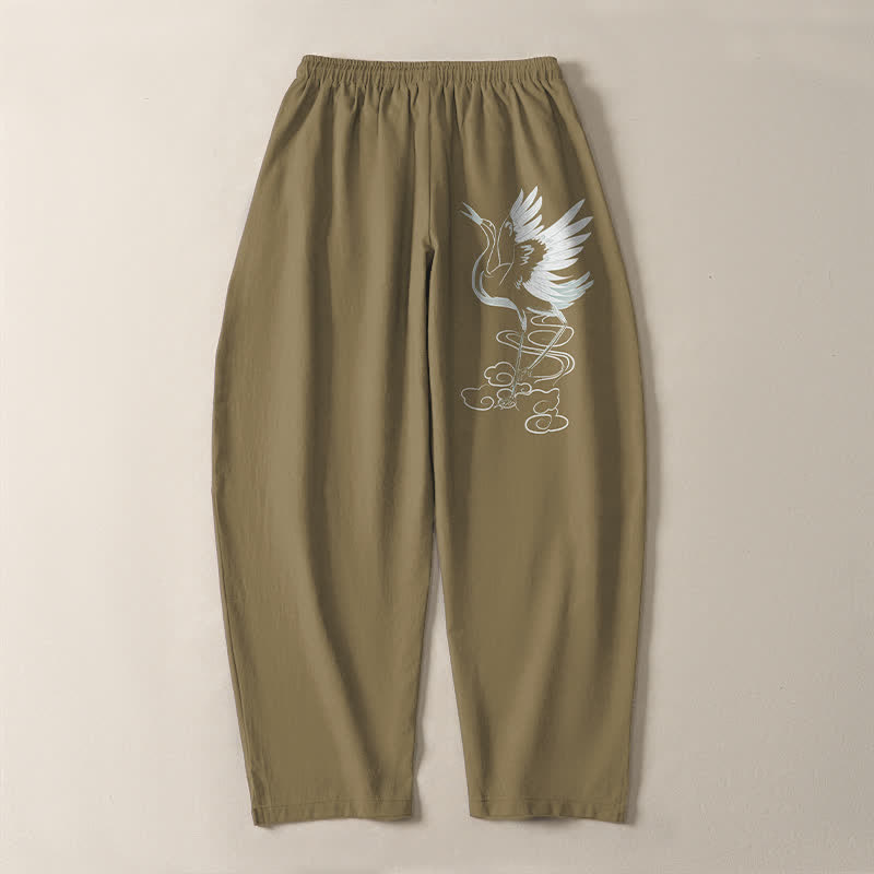 Buddha Stones Weiße Herrenhose aus reiner Baumwolle mit Kranichmuster, Kordelzug, schmal zulaufendem Schnitt und Taschen - image 17