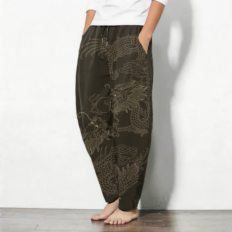 Buddha Stones Herrenhose aus reiner Baumwolle mit goldenem Drachen- und Wolkenmuster, Kordelzug, schmal zulaufendem Schnitt und Taschen - image 1