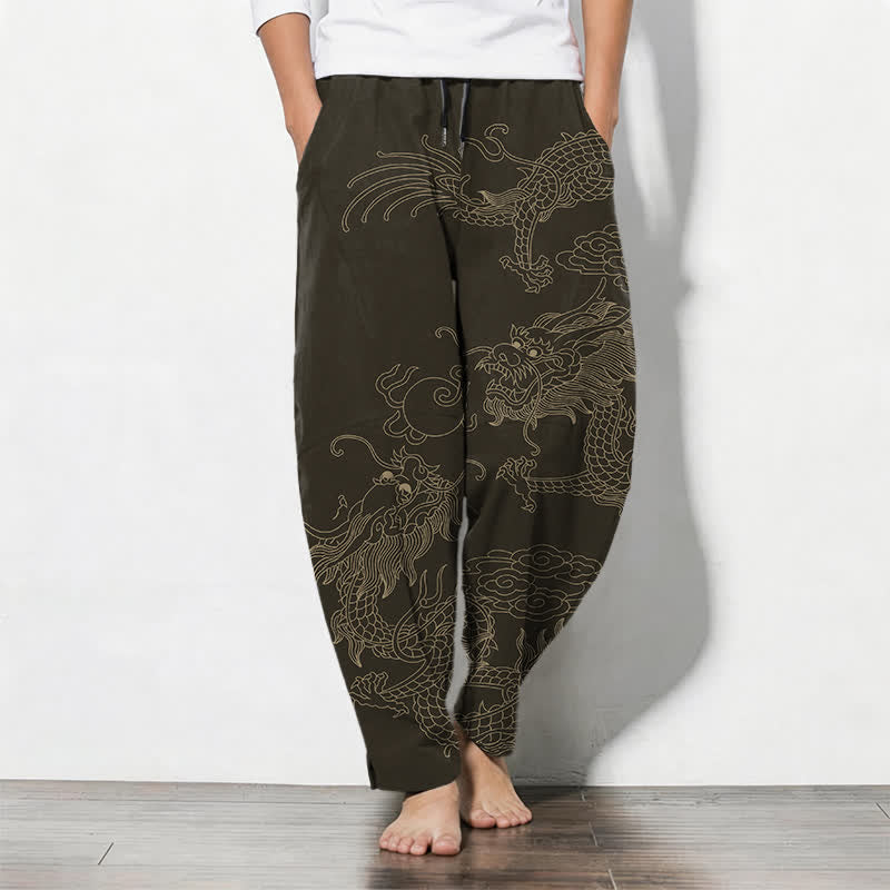 Buddha Stones Herrenhose aus reiner Baumwolle mit goldenem Drachen- und Wolkenmuster, Kordelzug, schmal zulaufendem Schnitt und Taschen - Sattelbraun - US/ UK/AU50, EU60 (5XL) - image 0