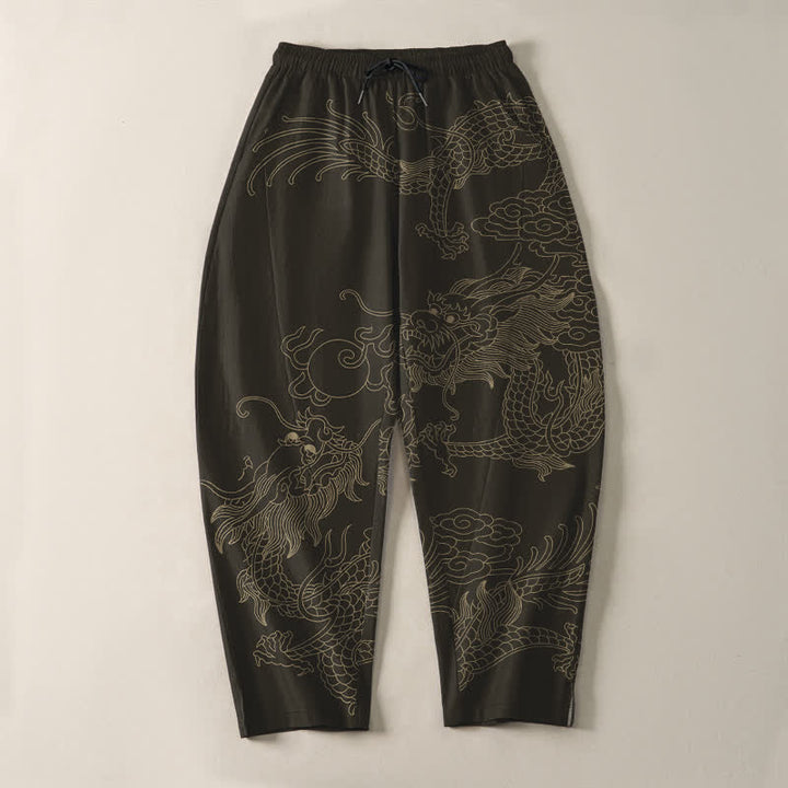 Buddha Stones Herrenhose aus reiner Baumwolle mit goldenem Drachen- und Wolkenmuster, Kordelzug, schmal zulaufendem Schnitt und Taschen - image 2