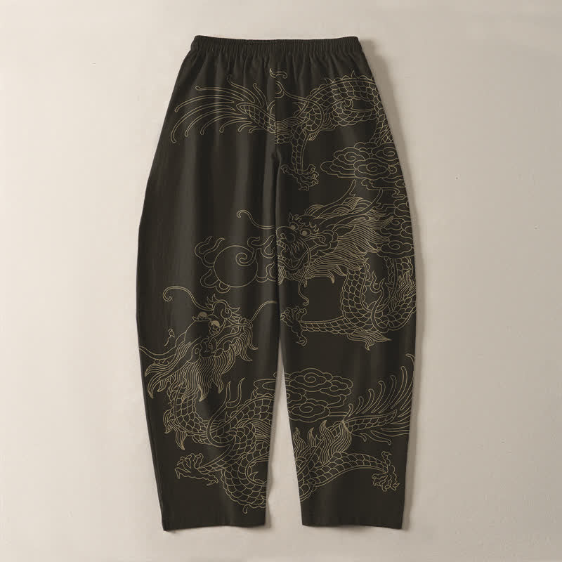 Buddha Stones Herrenhose aus reiner Baumwolle mit goldenem Drachen- und Wolkenmuster, Kordelzug, schmal zulaufendem Schnitt und Taschen - Schwarz - US/ UK/AU50, EU60 (5XL) - image 3