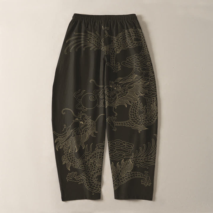 Buddha Stones Herrenhose aus reiner Baumwolle mit goldenem Drachen- und Wolkenmuster, Kordelzug, schmal zulaufendem Schnitt und Taschen - Schwarz - US/ UK/AU50, EU60 (5XL) - image 3