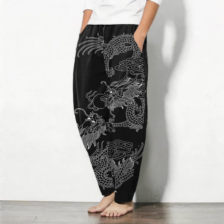 Buddha Stones Herrenhose aus reiner Baumwolle mit goldenem Drachen- und Wolkenmuster, Kordelzug, schmal zulaufendem Schnitt und Taschen - image 8