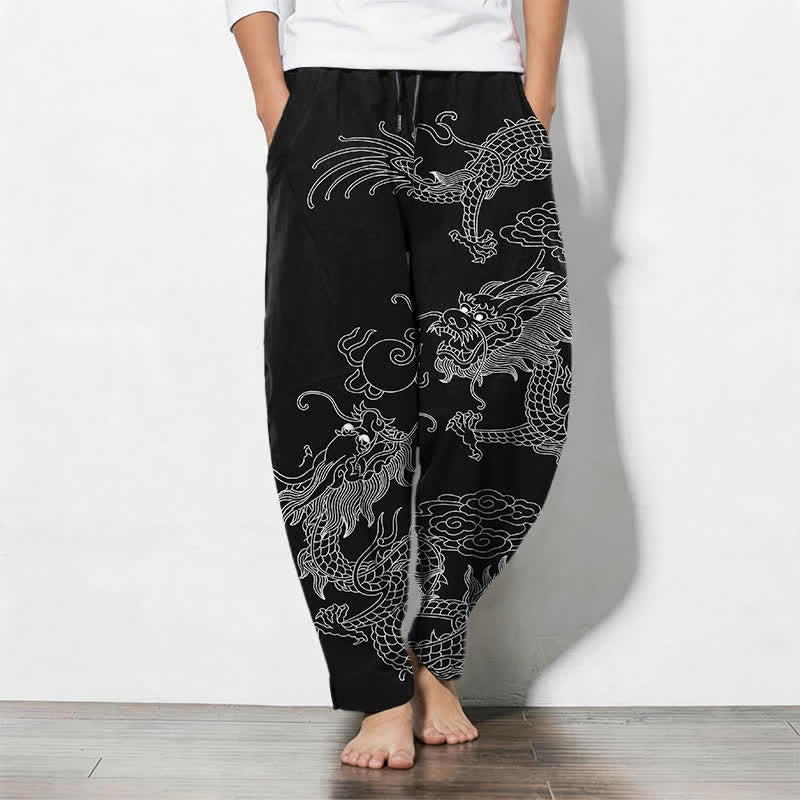 Buddha Stones Herrenhose aus reiner Baumwolle mit goldenem Drachen- und Wolkenmuster, Kordelzug, schmal zulaufendem Schnitt und Taschen - image 7