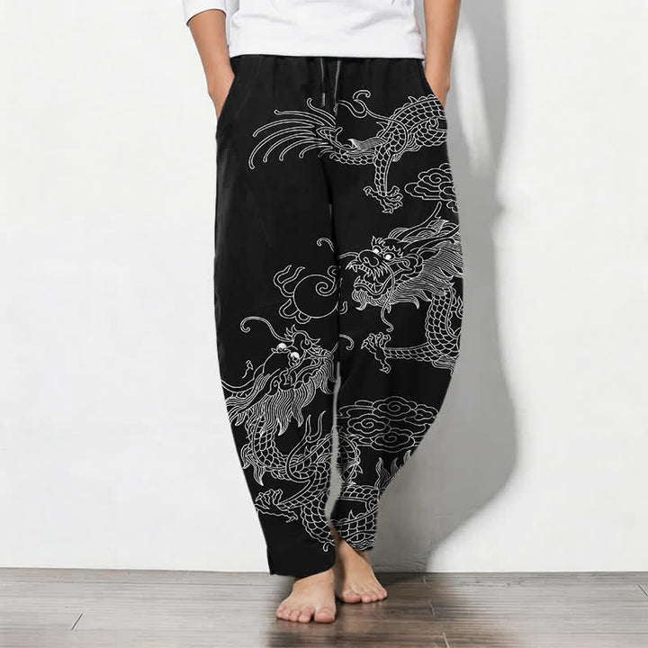 Buddha Stones Herrenhose aus reiner Baumwolle mit goldenem Drachen- und Wolkenmuster, Kordelzug, schmal zulaufendem Schnitt und Taschen - image 7