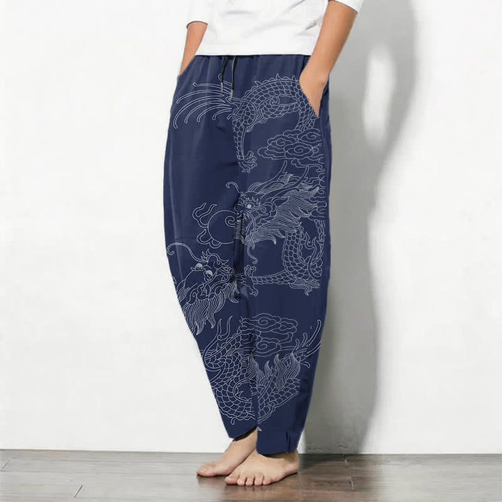 Buddha Stones Herrenhose aus reiner Baumwolle mit goldenem Drachen- und Wolkenmuster, Kordelzug, schmal zulaufendem Schnitt und Taschen - image 15