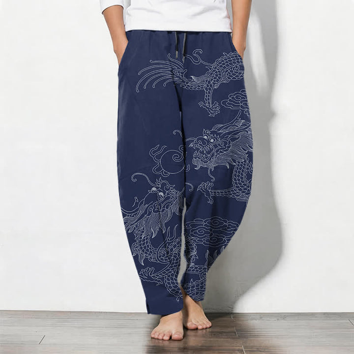 Buddha Stones Herrenhose aus reiner Baumwolle mit goldenem Drachen- und Wolkenmuster, Kordelzug, schmal zulaufendem Schnitt und Taschen - Marine - US/ UK/AU50, EU60 (5XL) - image 14