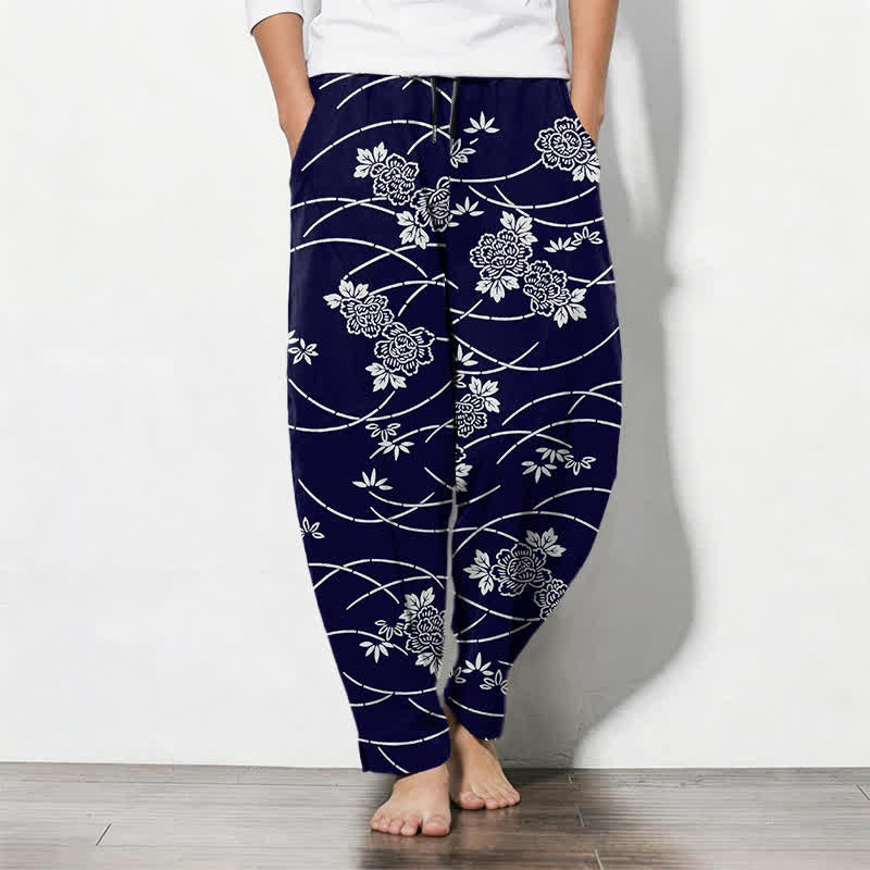 Buddha Stones Weiße Herrenhose aus reiner Baumwolle mit Blumenrankenmuster, Kordelzug, schmal zulaufendem Bein und Taschen - Marine - US/ UK/AU50, EU60 (5XL) - image 0