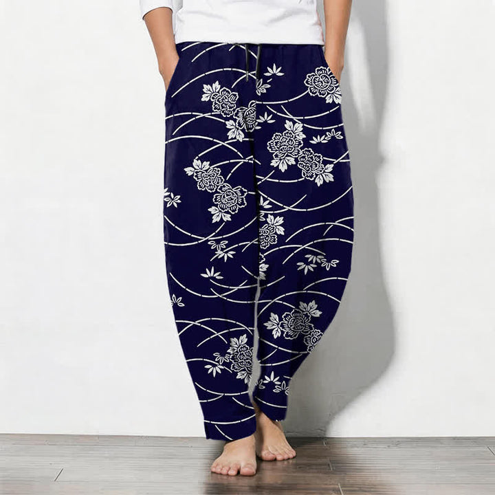 Buddha Stones Weiße Herrenhose aus reiner Baumwolle mit Blumenrankenmuster, Kordelzug, schmal zulaufendem Bein und Taschen - Marine - US/ UK/AU50, EU60 (5XL) - image 0
