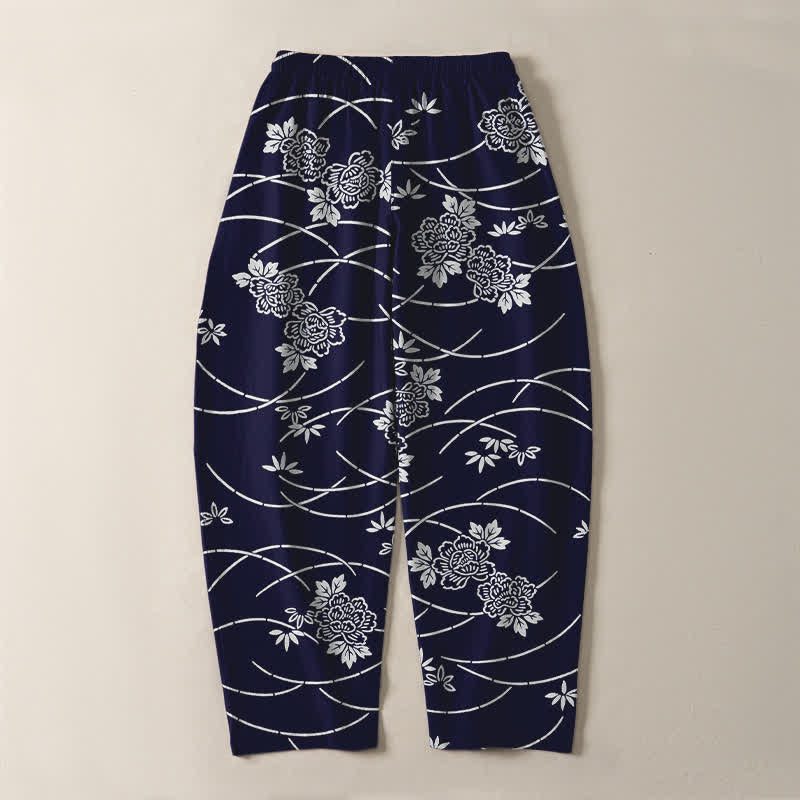 Buddha Stones Weiße Herrenhose aus reiner Baumwolle mit Blumenrankenmuster, Kordelzug, schmal zulaufendem Bein und Taschen - image 3