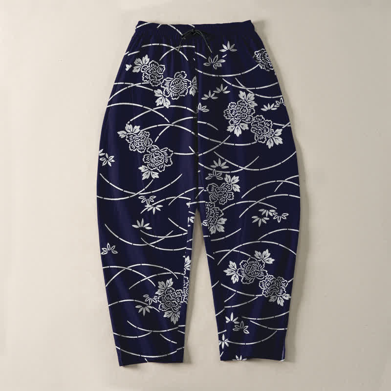 Buddha Stones Weiße Herrenhose aus reiner Baumwolle mit Blumenrankenmuster, Kordelzug, schmal zulaufendem Bein und Taschen - image 2