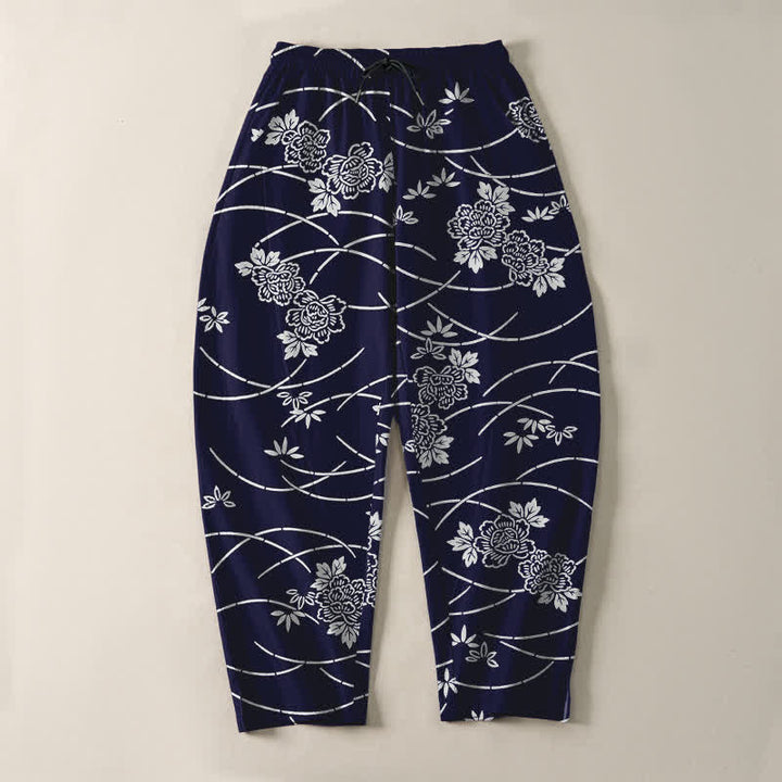 Buddha Stones Weiße Herrenhose aus reiner Baumwolle mit Blumenrankenmuster, Kordelzug, schmal zulaufendem Bein und Taschen - image 2