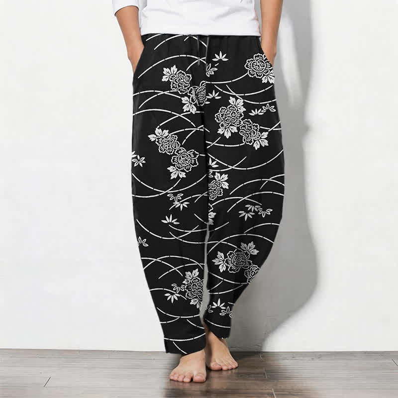 Buddha Stones Weiße Herrenhose aus reiner Baumwolle mit Blumenrankenmuster, Kordelzug, schmal zulaufendem Bein und Taschen - Schwarz - US/ UK/AU50, EU60 (5XL) - image 7