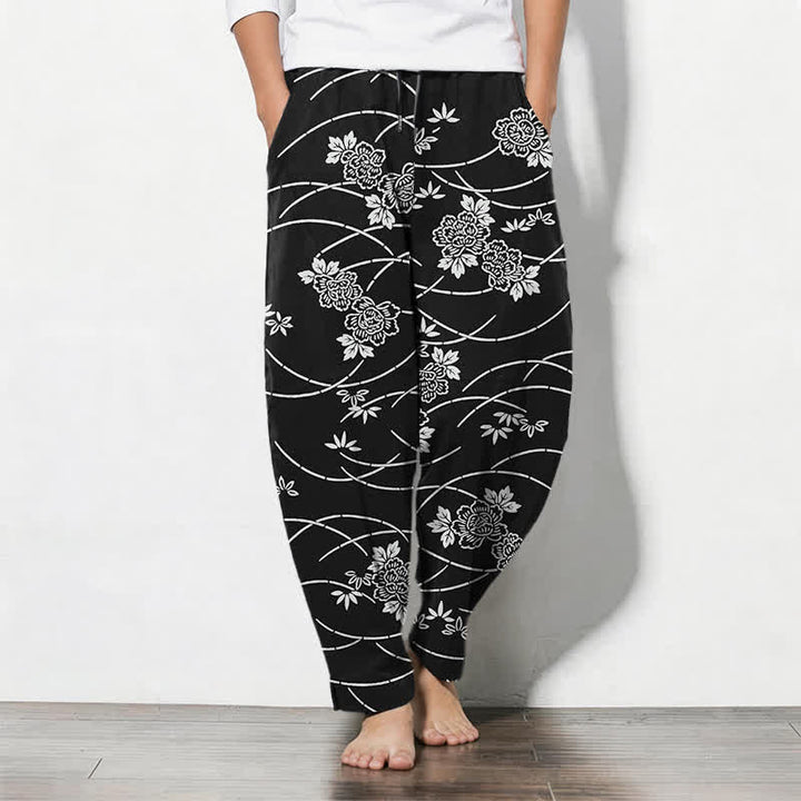 Buddha Stones Weiße Herrenhose aus reiner Baumwolle mit Blumenrankenmuster, Kordelzug, schmal zulaufendem Bein und Taschen - Schwarz - US/ UK/AU50, EU60 (5XL) - image 7