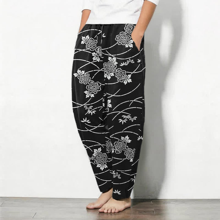 Buddha Stones Weiße Herrenhose aus reiner Baumwolle mit Blumenrankenmuster, Kordelzug, schmal zulaufendem Bein und Taschen - image 8