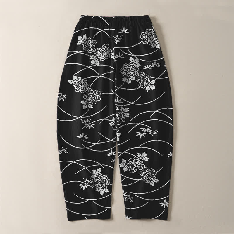 Buddha Stones Weiße Herrenhose aus reiner Baumwolle mit Blumenrankenmuster, Kordelzug, schmal zulaufendem Bein und Taschen - image 10